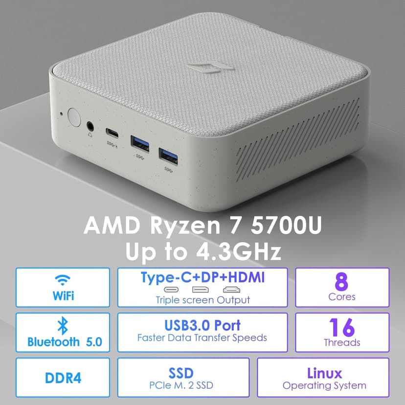 Mini Gaming PC Linux, AMD Ryzen 7 5700U (8C/16T, up to 4.3Ghz), 64GB DDR4 RAM 1TB PCIe SSD, Mini Desktop Computers with Waterproof Fabric Top, Supports 4K Triple Display WiFi/BT5.0