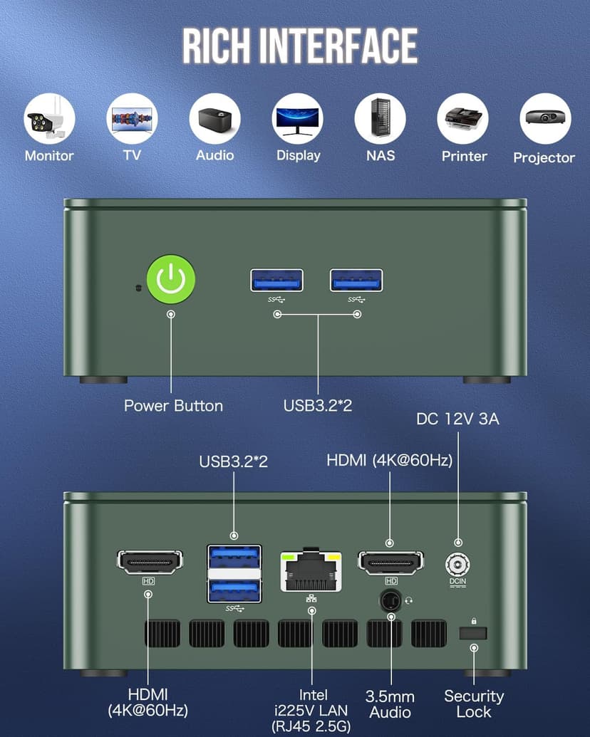 GMKtec Mini PC N150, G3 Plus Intel Twin Lake N150 (3.4GHz), 8GB DDR4 RAM 256GB PCIe M.2 SSD, Desktop Computer 4K Dual HDMI/USB3.2/WiFi 6/BT5.2/2.5G RJ45