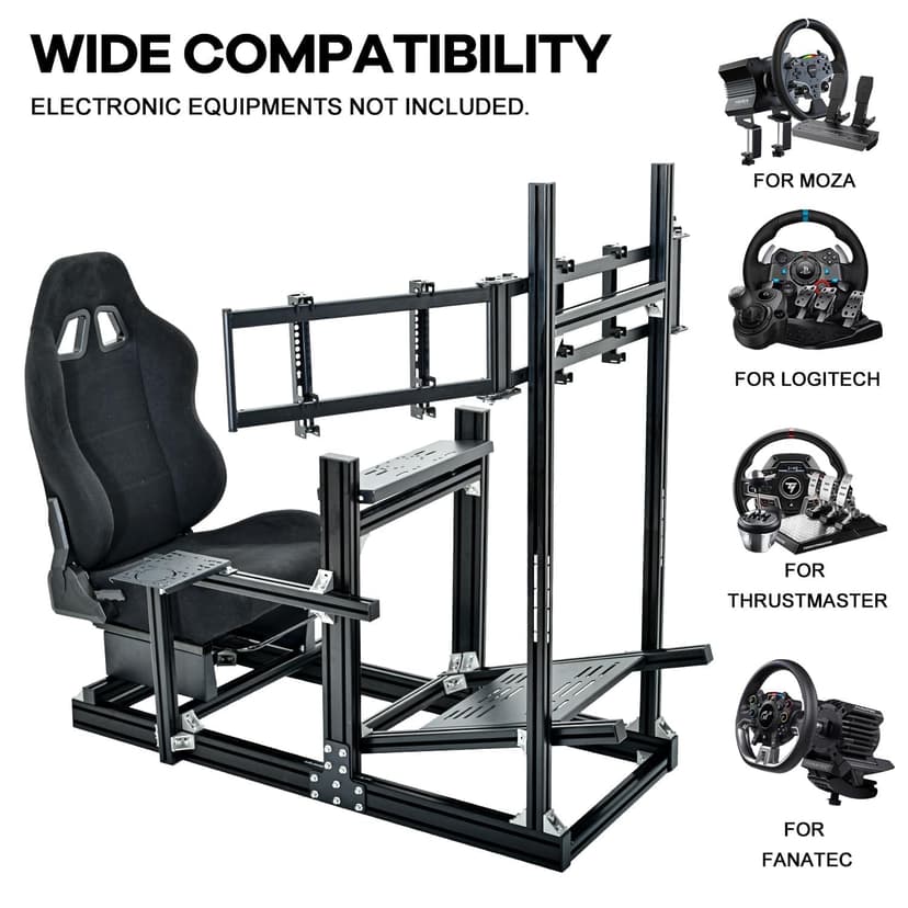Anman Aluminum Profile Racing Simulator Cockpit with Triple Monitor Mount Black Seat,for Logitech/Thrustmaster/Fanatec Direct Drive Steering Wheel, GPRO T818,Multi Adjustable Universal cockpit
