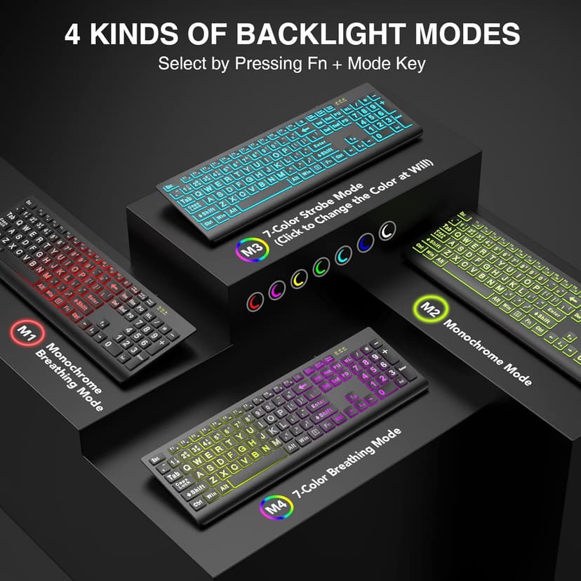 SABLUTE Large Print Backlit Keyboard, Wired USB Lighted Computer Keyboards with 7-Color & 4 Modes Backlit, Oversize Letters Keys Easy to See and Type, Quiet Keyboard Compatible for PC, Laptop