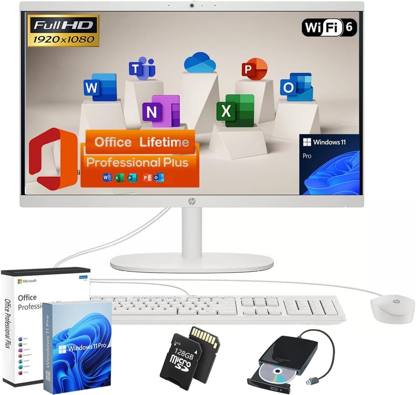 HP 21.5-inch All-in-One Desktop PC - w/Office 2024 Lifetime, Free CD/DVD Drive - FHD Display, Intel Celeron Processor, Wi-Fi 6, HDMI, HD Webcam, Windows 11 Pro(32GB RAM, 1TB SSD)