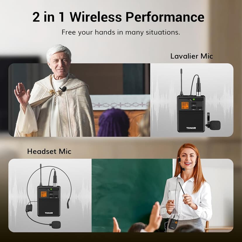 TONOR UHF Wireless Microphone System with Dual Headset Microphones/Lavalier Lapel Mics, Bodypack Transmitters, Mini Rechargeable Receiver, 2x15 Channels 200ft Range, for Recording Speech PA Speaker