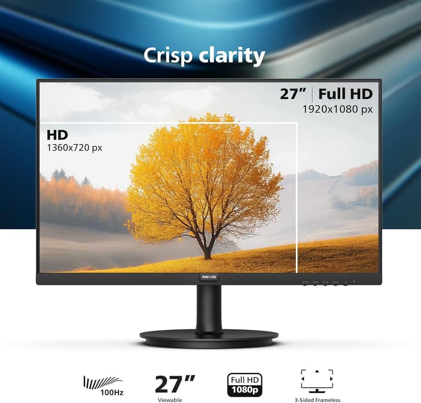 PHILIPS 271V8LB 27" Framless Full HD (1920 x 1080) 100Hz Monitor, VESA, HDMI x 1, VGA Port x1, Eye Care, 4 Year Advance Replacement Warranty
