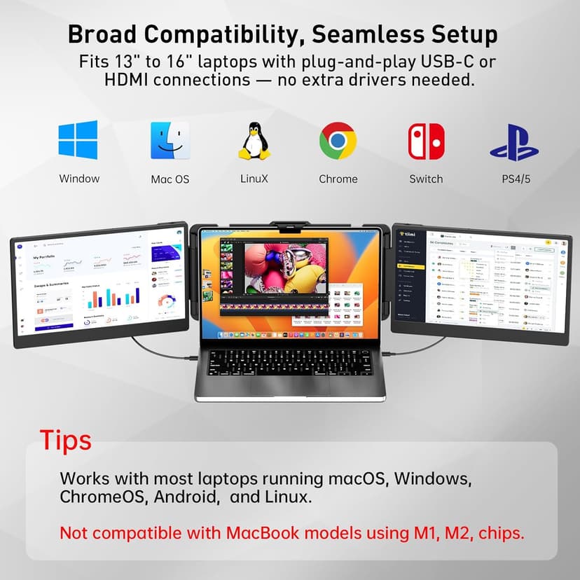 Laptop Screen Extender – 14" Portable Monitor for Laptop, Full HD 1080P IPS Display, USB-C & HDMI, Dual Speakers, 72% Color Gamut, for Work, Travel, Gaming