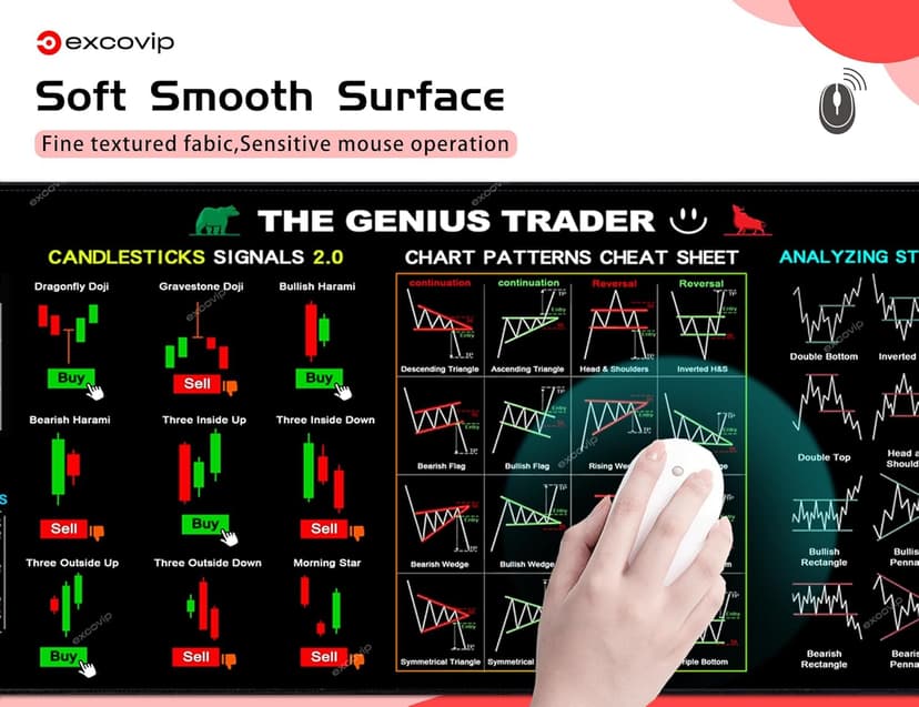 Mouse Pad for Stock Market with Invest Day Trading Chart Patterns,Large Computer Mouse Mat with Stitched Edges 31.4x11.7 inch 0320