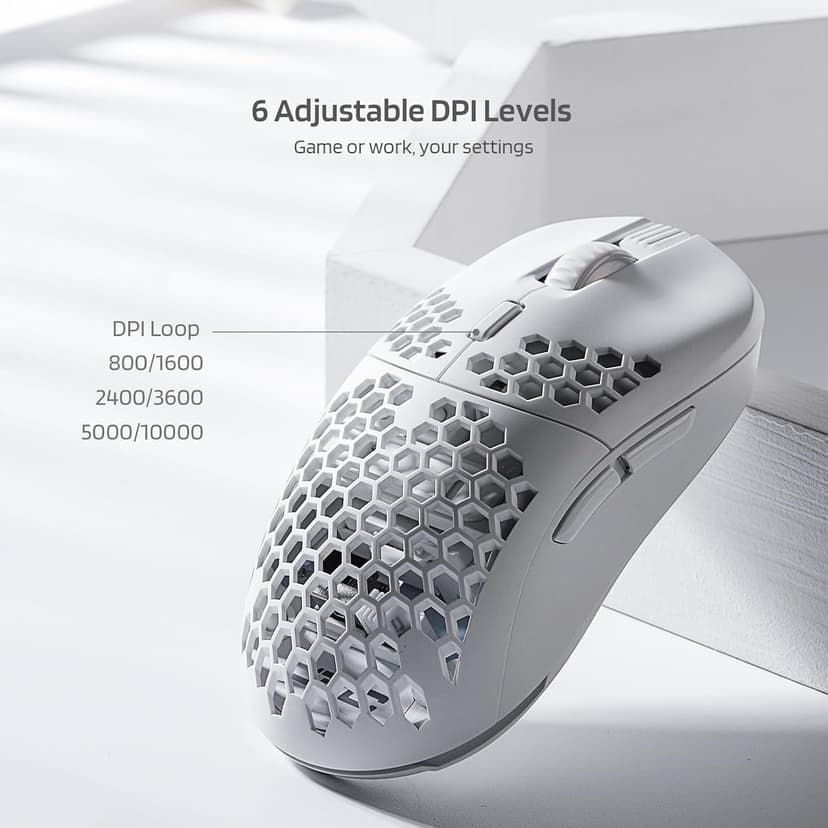LTC WHM-001 Mosh Pit Wireless Gaming Mouse, 10,000 DPI 2.4Ghz/ Wired RGB Ambidextrous Mice w/Lightweight Honeycomb Shell, Ergonomic Shape for Right or Left Hand Use, for PC/Mac/Laptop, White