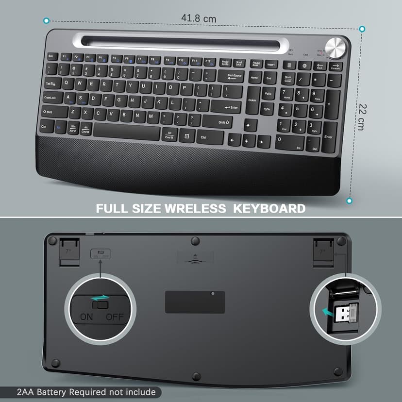 Ergonomic Wireless Keyboard with Wrist Rest-Low-Profile,Phone/Tablet Holder,Quiet Design，Windows & Mac OS，Full Size Cordless USB Computer Keyboard for Desktop,Laptop, PC, Mac, Windows-Grey