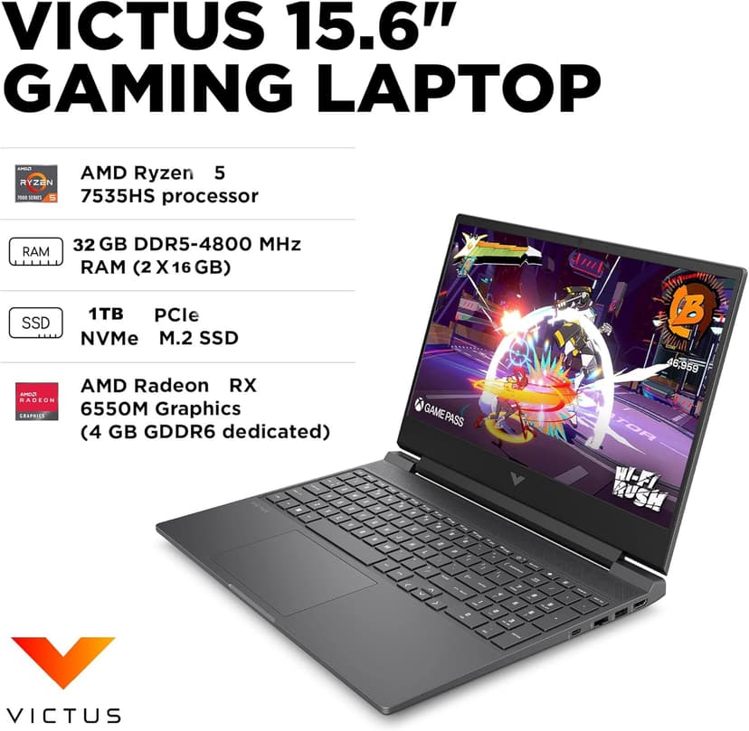 HP Victus 15 Gaming Laptop (15.6" FHD 144Hz IPS, AMD Ryzen 5 7535HS, 32GB DDR5 RAM, 1TB PCle SSD, (Radeon RX 6550M 4GB Beat RTX3050)) Backlit KB, Wi-Fi 6, Webcam, Ethernet, Win 11 Home