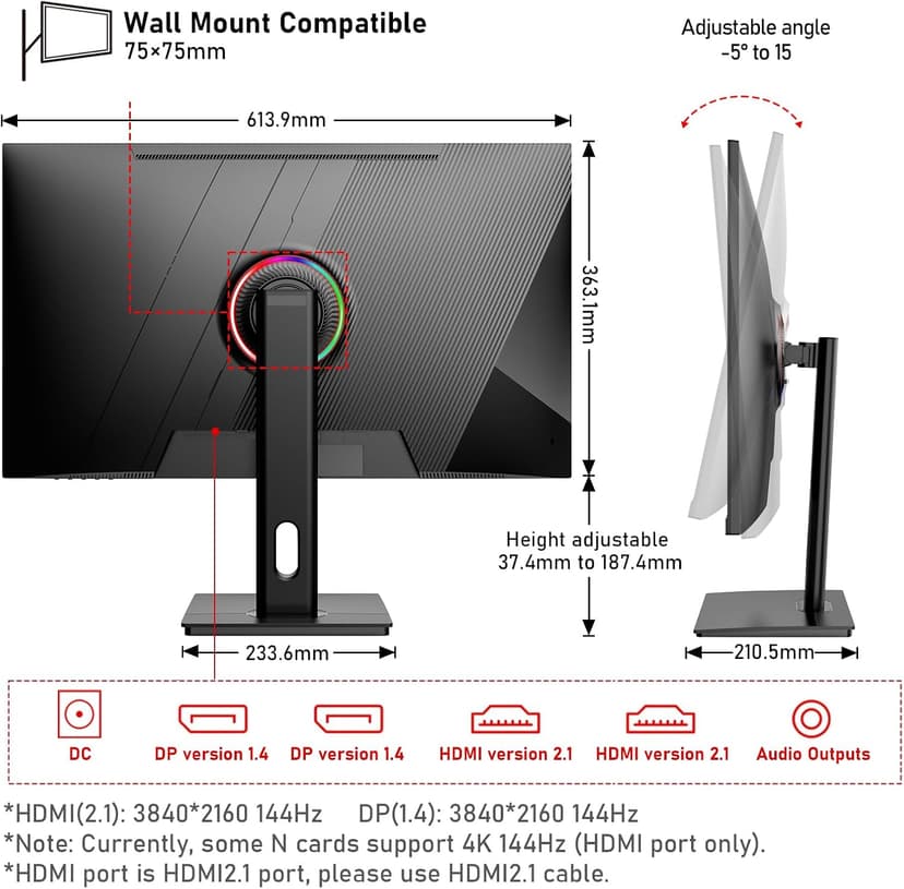27 inch IPS PC Screen, 4K Gaming Monitor 144Hz, 1ms, FreeSync, 128% sRGB, 178° Wide Viewing Angle, HDMI 2.1, DisplayPort,Height-Adjustable and Swivel,75 * 75MM Wall Mount Compatible - Black