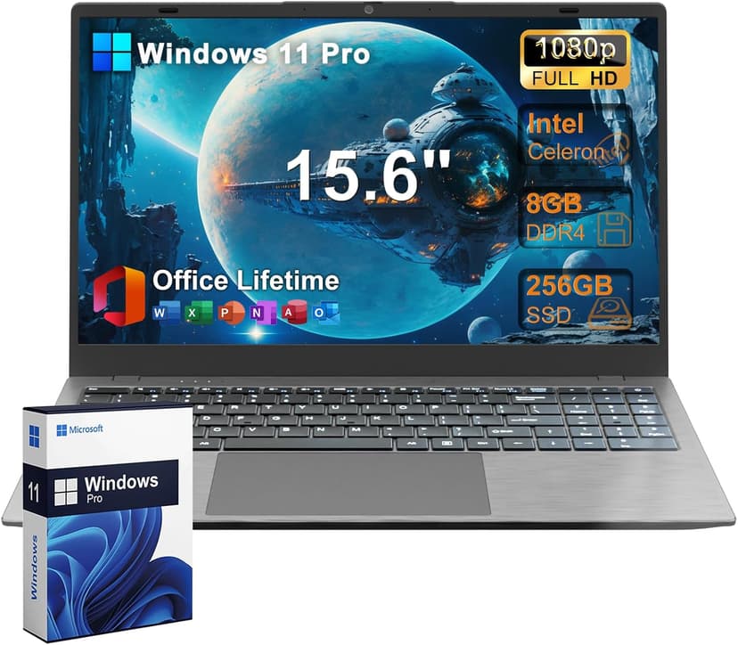 2025 Laptop Computer 15 15.6 Inch FHD, Windows 11 Pro with MS Office for School College Students Business, 8GB RAM, 256GB SSD, Dual-Core Intel Celeron(Up to 2.6GHz), Wi-Fi, Bluetooth, USB 3.2, Gray