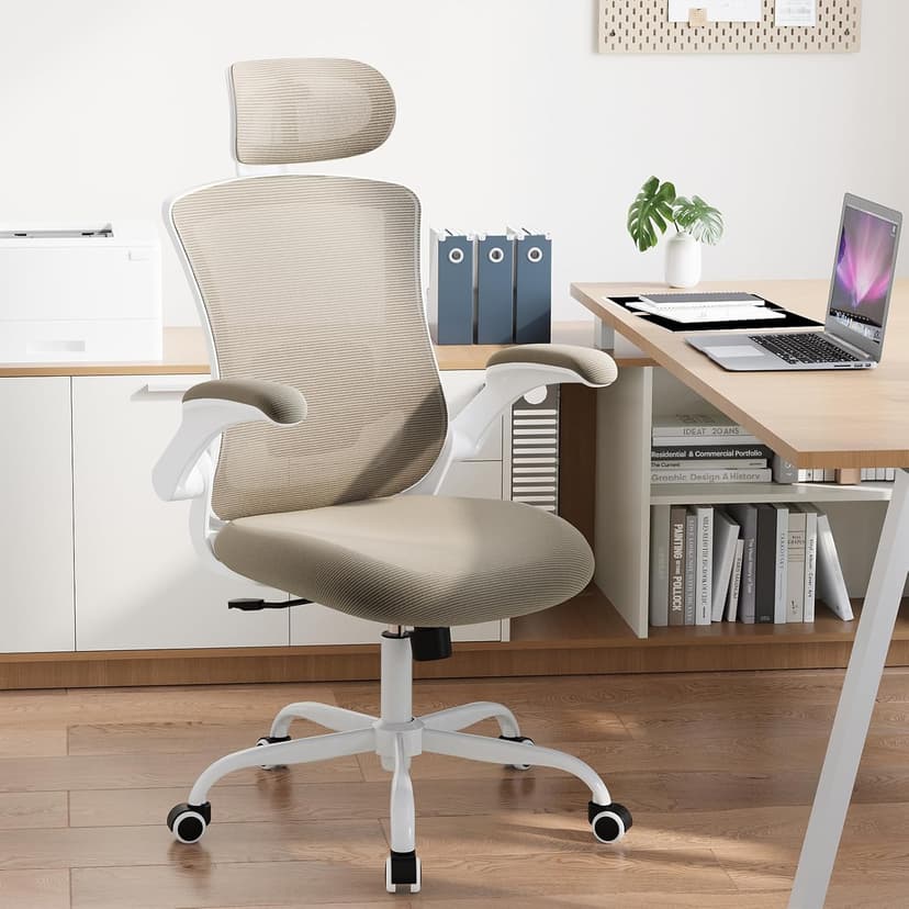 Ergonomic Office Chair with Adjustable Lumbar Support & Headrest, High Back Mesh Desk Chair with Flip-Up Armrests, Breathable & Comfortable Computer Chair for Home, Office & Study –Khaki