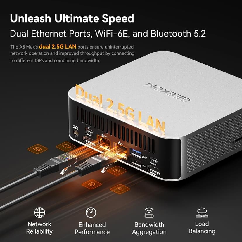 GEEKOM A8 Max AI Mini PC, AMD Ryzen 9 8945HS, 2.5Gbps Dual LAN Port Mini Gaming PC with 32GB DDR5 2TB M.2 2280 NVMe SSD, Mini PC Windows 11 Pro/Wi-Fi 6E/BT 5.2/USB4/8K