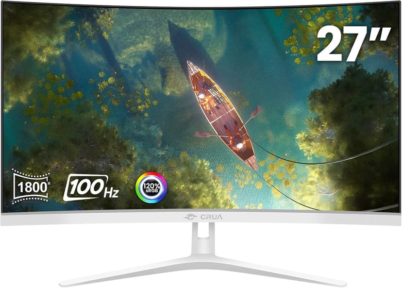 CRUA 27" Curved White Monitor, Full HD(1920x1080P) VA Panel 1800R 100HZ 120% sRGB Professional Computer Monitors, 3Sides Frameless, Flicker-Less,Blue Light Filter, for Office & Gaming.(VGA, HDMI)