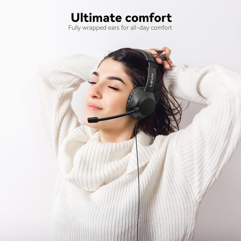 LEVN Headset with Mic, USB Headset with Microphone for PC, Headphones with Mic for Pc with Noise Canceling Microphone for Laptop, USB Headphones for Work from Home/Call Center/Open Office, Black