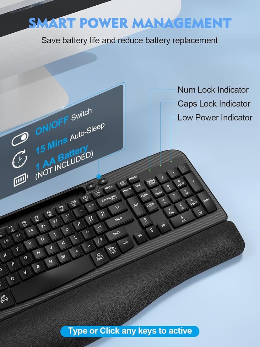 Ergonomic Wireless Keyboard with Cushioned Wrist Rest, Wave Keys, Phone Holder, Comfortable Natural Typing, 2.4GHz Full Size Silent Cordless USB Computer Keyboard for Laptop, Mac, Windows (Black)