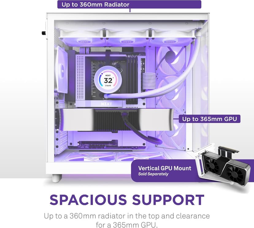 NZXT H6 Flow RGB Mid-Tower Airflow Case with 3 RGB Fans, Panoramic Glass Panels, and Cable Management - White