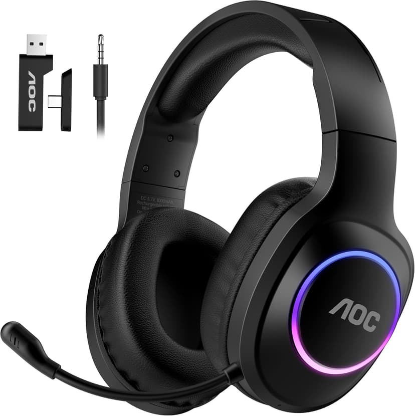 AOC Wireless Gaming Headset for PS5, PS4, Nintendo Switch, PC, Bluetooth 5.4 & 2.4GHz Gaming Headphones with Noise Canceling Mic, RGB, Type-C, 20ms Latency, 45H, 7.1 Virtual Surround- Black