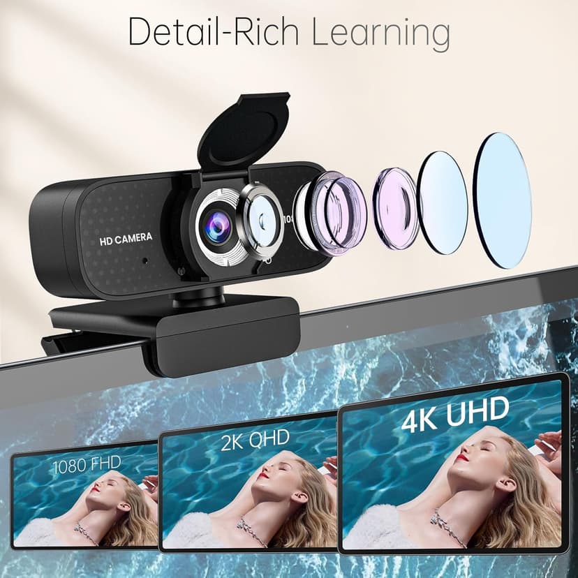 Full HD Webcam with Built-in Microphone and Rotatable Tripod, 1080P Video and Wide Angle Camera, Privacy Cover, for Desktop PC Laptop Computer Black