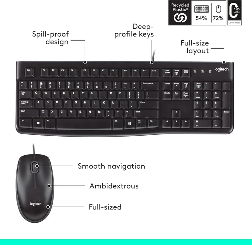 Logitech MK120 Wired Keyboard and Mouse Combo for Windows, Optical Wired Mouse, Full-Size, USB, Compatible with PC, Laptop - Black