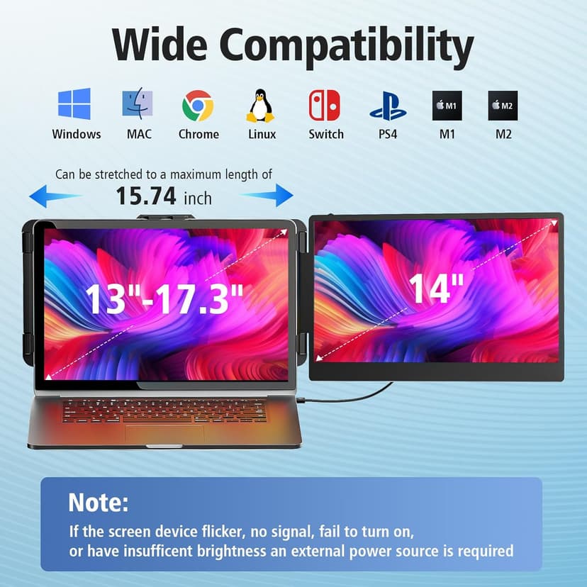 Laptop Screen Extender Monitor - 14 Inch Dual IPS FHD 1080P HDMI/USB-A/Type-C Extended Portable Monitor for Laptops (Maximum Length: 15.74") Compatible with Windows Mac Travel Work