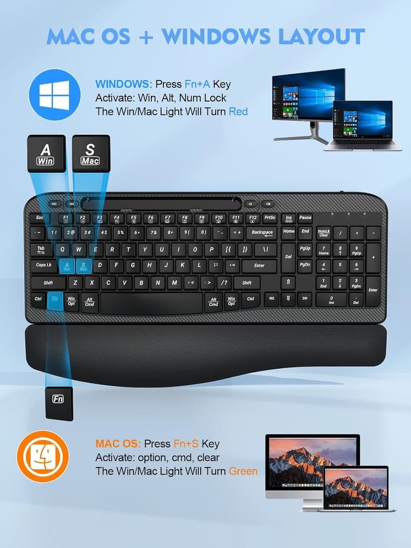 Ergonomic Wireless Keyboard with Cushioned Wrist Rest, Wave Keys, Phone Holder, Comfortable Natural Typing, 2.4GHz Full Size Silent Cordless USB Computer Keyboard for Laptop, Mac, Windows (Black)