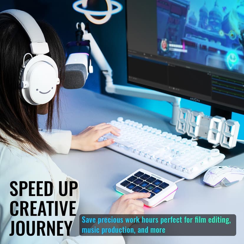 AmpliGame FIFINE Gaming Controller with 15 Shortcuts for OBS Streaming Studio with Macro Keys, Trigger Actions, PC Media RGB Controller for Content Creation/Office Work-D6 White