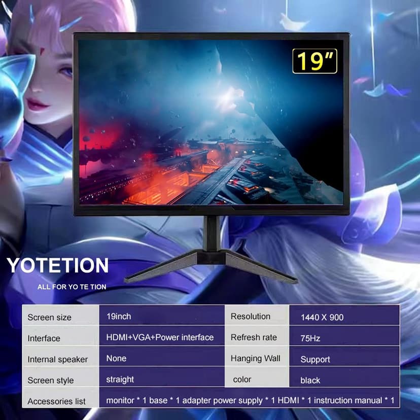 19 inch HD (1440 x 900) Monitor, 75Hz Refresh Rate, HDMI x1, VGA x1, Small Thin Monitor for laptops, Computers and desktops,LED Display, VGA/HDMI Connection.VESA:75 * 75MM