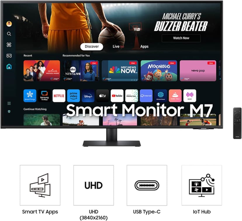 Samsung 43-Inch M7 (M70D) Series 4K UHD Smart Monitor, Speakers, HDR10, USB-C, Multiple Ports, Gaming Hub, SolarCell Remote, Vision Accessibility Tools, LS43DM702UNXGO, Black
