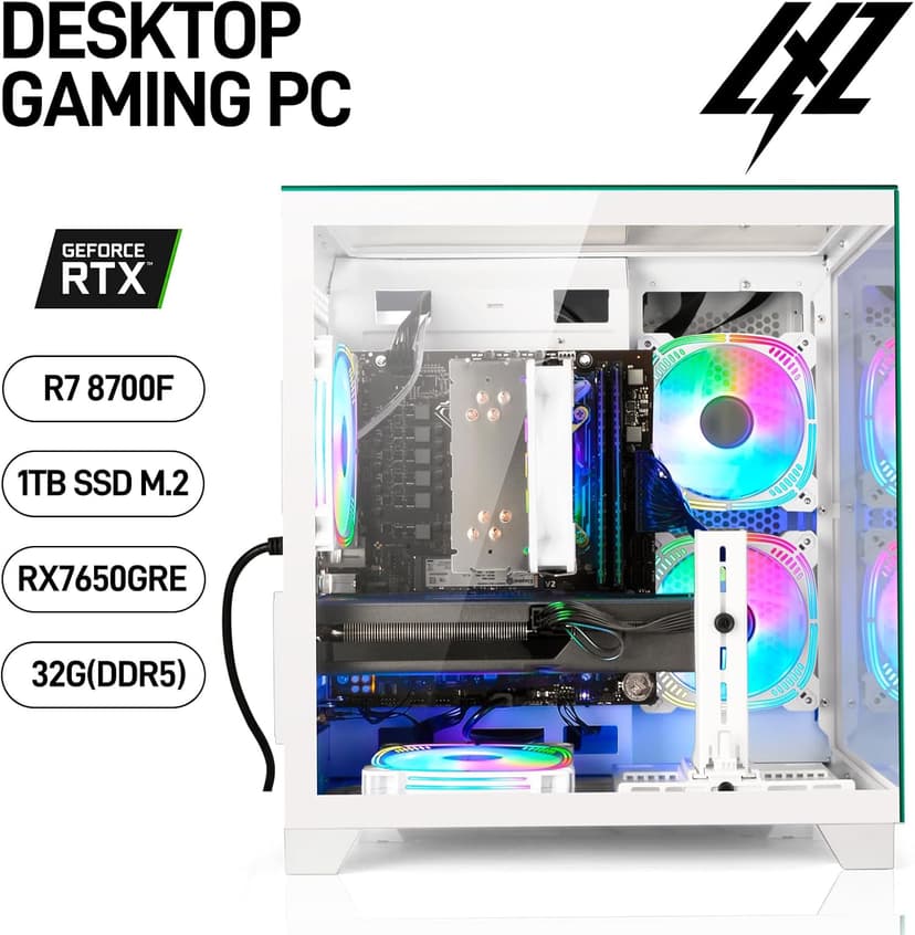 LXZ Gaming PC Desktop AMD Ryzen 7 8700F | AMD Radeon RX 7650GRE 8GB | 32GB DDR5 RAM | 1TB SSD | High-End Tower Computer(White)