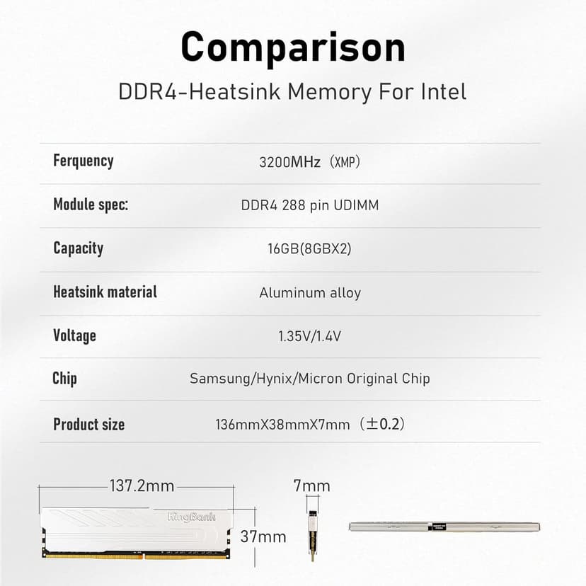 Computer Desktop Memory Ram DDR4 16GB(2x8GB) 3200MHZ CL16 1.35V XMP2.0 Overclocking with Heatsink for PC Gaming/Office/PS,Silver