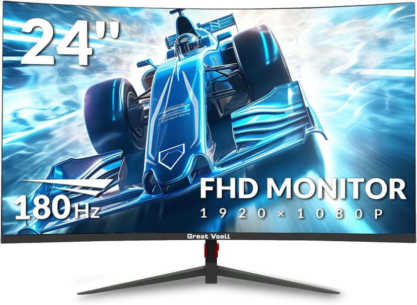 24 Inch Curved Gaming Monitor, 180Hz/144Hz FHD 1080P, 120% sRGB, 1ms, AMD FreeSync, Low Motion Blur, VESA Wall Mount, HDMI 1.4 & DP 1.2 – Black