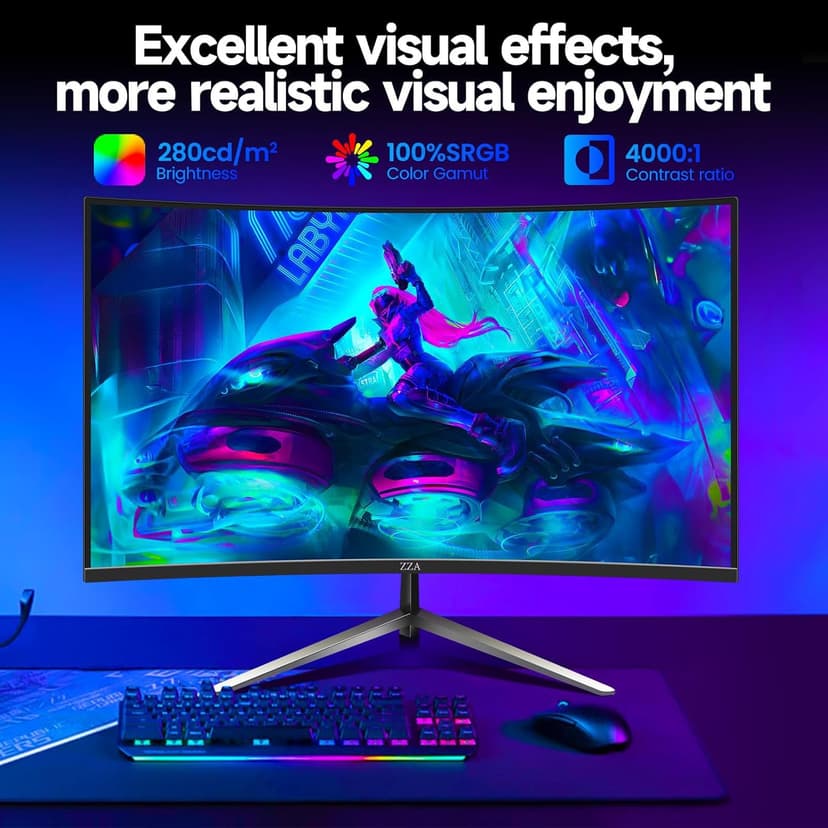 ZZA 32-Inch QHD Curved Gaming Monitor - 2K Resolution, 165Hz Refresh Rate, 1ms Response Time, FreeSync & G-Sync, HDR10, 122% sRGB Coverage, DP/HDMI, VESA Mount Compatible