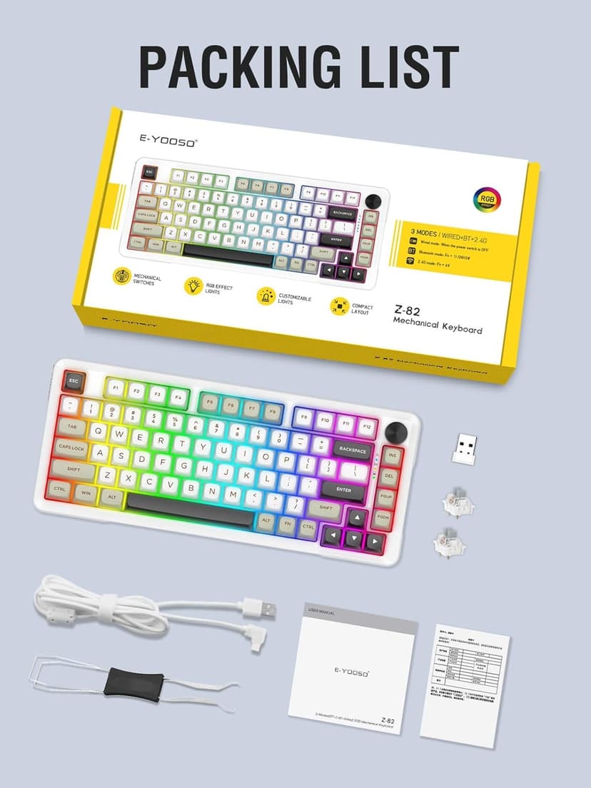 E-YOOSO Z82 Wireless Mechanical Keyboard, 3-Modes 81 Keys Compact, 75% Gasket Hot Swappable RGB Gaming Keyboard with Dedicated Knob Control and Sound Absorbing Pads, PBT Keycaps