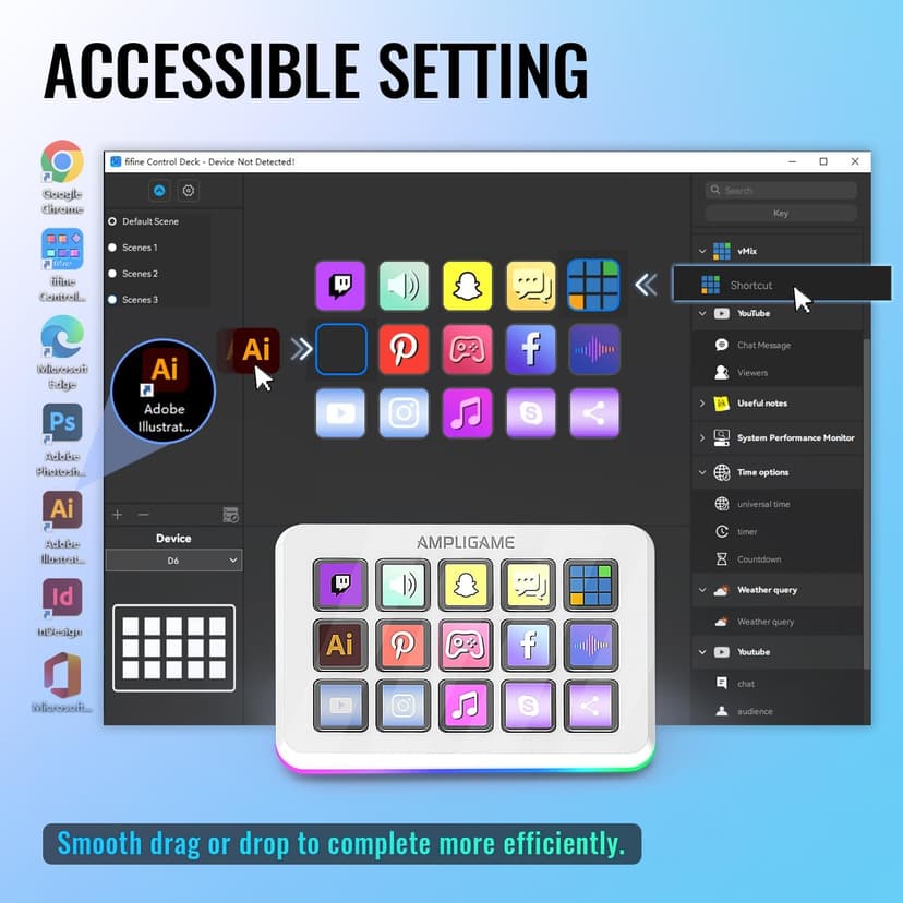 AmpliGame FIFINE Gaming Controller with 15 Shortcuts for OBS Streaming Studio with Macro Keys, Trigger Actions, PC Media RGB Controller for Content Creation/Office Work-D6 White