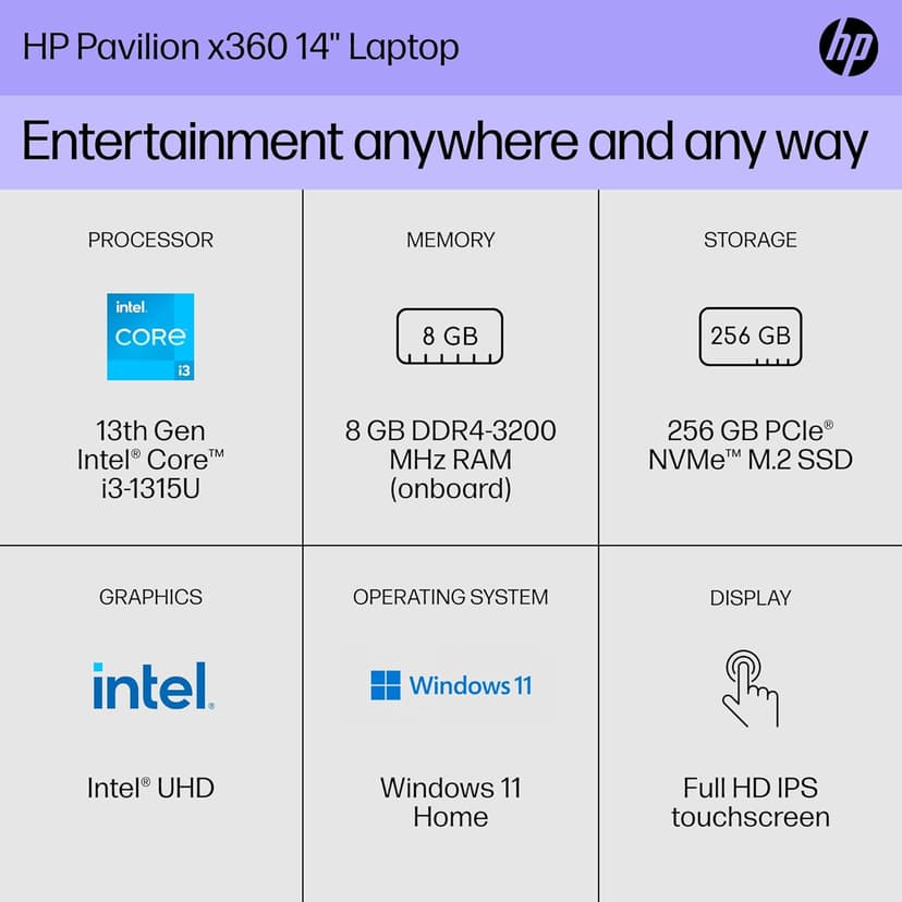 HP Pavilion x360 14 inch Laptop, FHD Touchscreen, 13th Generation Intel Core i3-1315U, 8 GB RAM, 256 GB SSD, Intel UHD Graphics, Windows 11 Home, 14-ek1099nr (2024)