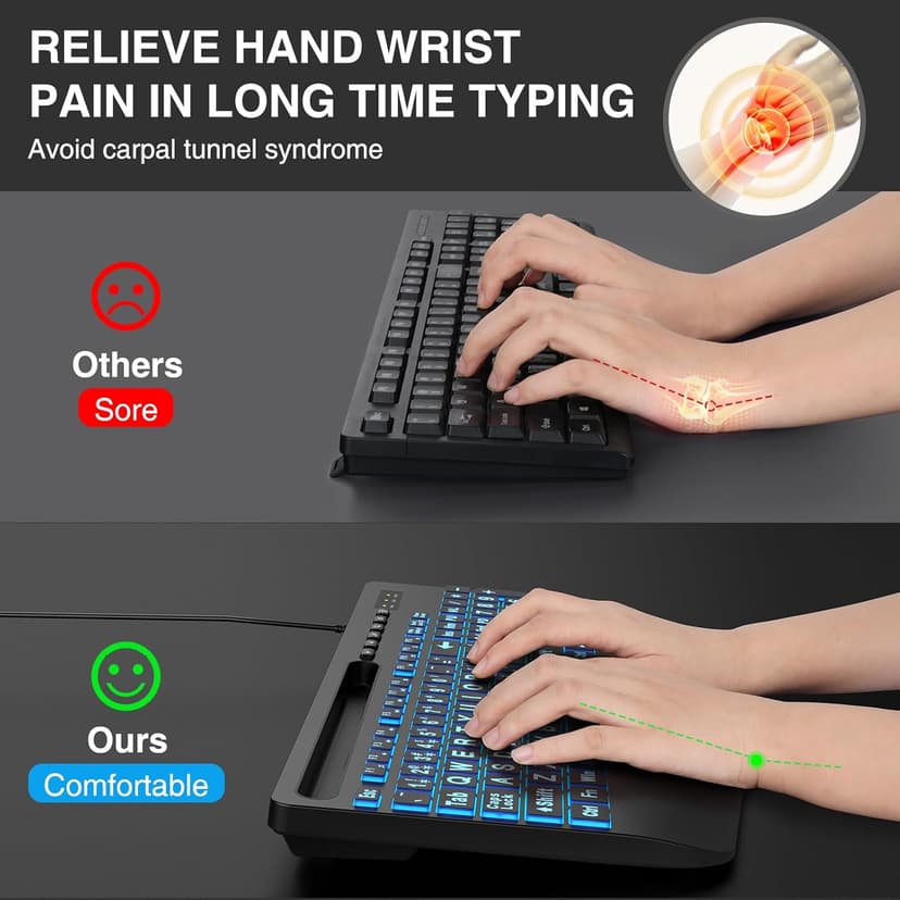 SABLUTE Large Print Backlit Keyboard, Wired USB Computer Keyboards with 7-Colors Backlight, Wrist Rest, Phone Holder, Oversized Letter Keys Easy to See and Type for Laptop, PC, Windows, Black