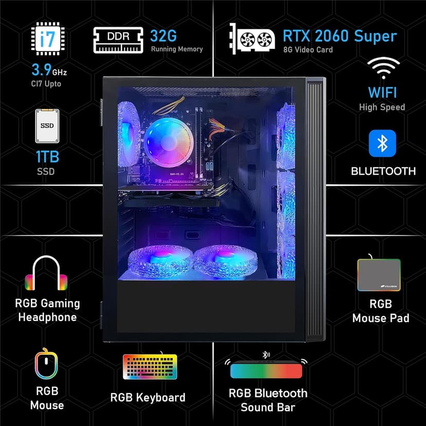 STGAubron Gaming PC Computer Desktop, Intel Core i7 up to 3.9G, GeForce RTX 2060 Super 8G, 32G Ram, 1TB SSD, WiFi, BT 5.0, RGB Fan x6, RGB BT Sound Bar & Headset Mic, Windows 10 Home