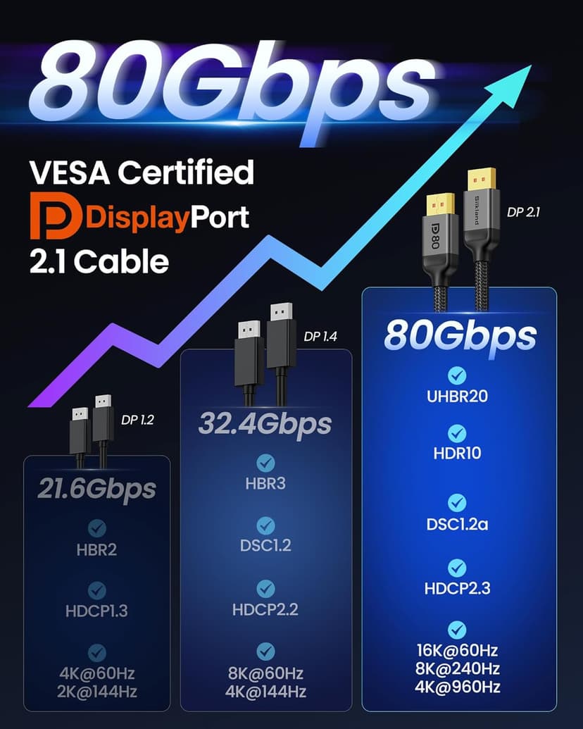 Silkland 80Gbps DisplayPort Cable 2.1 6.6FT [VESA Certified], [8K@240Hz, 4K@540Hz 360Hz 240Hz] DP 2.1 Cable 16K, DP80 HDR DSC Display Port Cord Compatible FreeSync Gaming Monitor 5090 7900XTX, S1334
