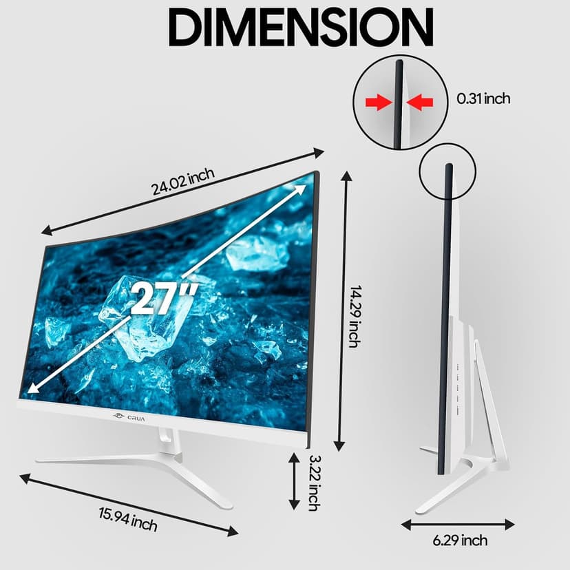 CRUA 27" Curved White Monitor, Full HD(1920x1080P) VA Panel 1800R 100HZ 120% sRGB Professional Computer Monitors, 3Sides Frameless, Flicker-Less,Blue Light Filter, for Office & Gaming.(VGA, HDMI)