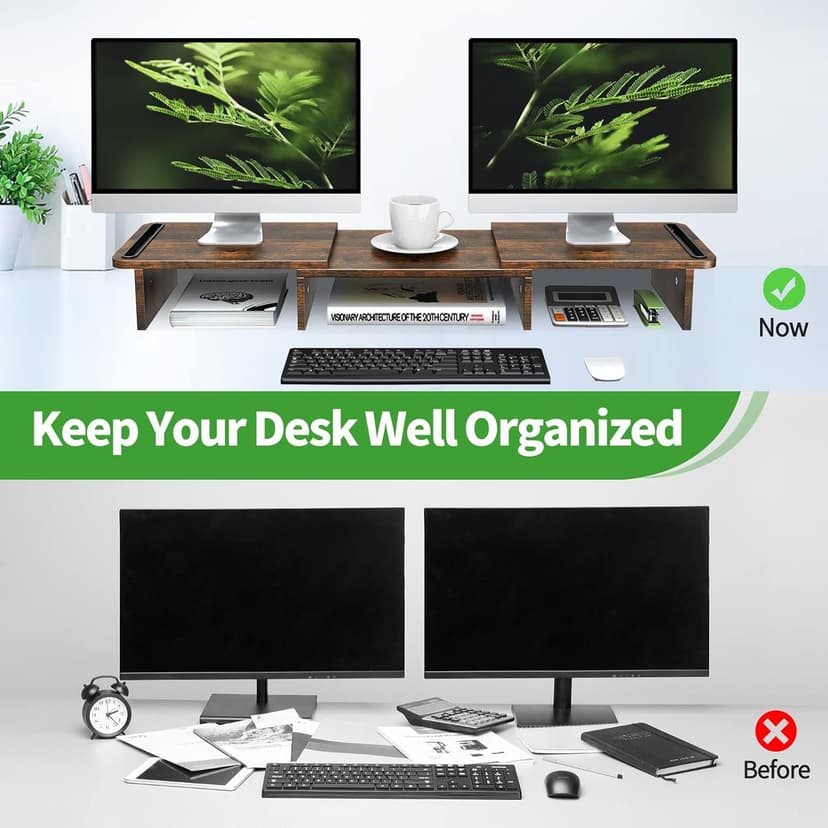 Zimilar Dual Monitor Stand Riser, Monitor Stand with Adjustable Length and Angle, Wood Monitor stand for desk, Monitor Riser for 2 monitors with Storage Space(Rust Brown Large)