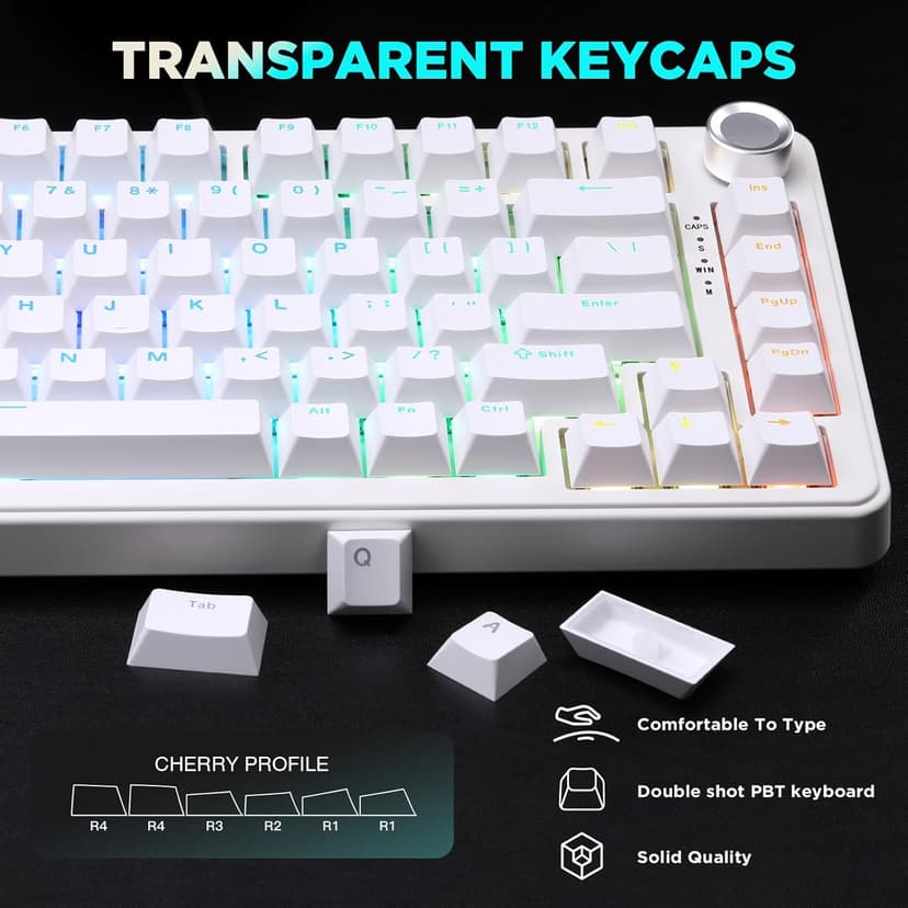 YUNZII B75 Mechanical Keyboard,75% Layout with Knob,Hot Swappable RGB Backlit Gasket Mounted, Creamy Typing, Double-Shot PBT Keycaps,Cherry Profile,for Win/Mac (White, Blue Grey Tactile Switch)