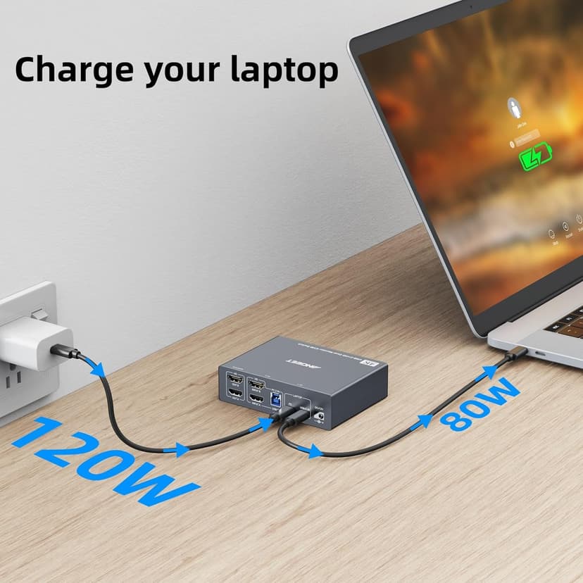 Dual Monitor KVM Switch for Laptop & Desktop 4K@60Hz, USB C and HDMI KVM Switch 2 Monitors 2 Computers with 4 USB 3.0 Port for Keyboard Mouse, 80W PD Charging, with Wired Remote and USB C Cable