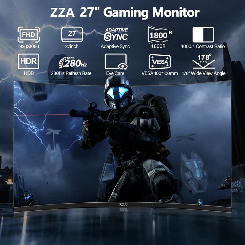 ZZA 27 Inch Gaming Monitor, Computer Monitor Frameless Ultra-Fast 280Hz/240Hz 1ms FHD 1080P,Curved Monitor 1800R|FreeSync|99% sRGB|HDR|Low Blue Light|HDMI DP Ports|VESA Mount|Metal Stand