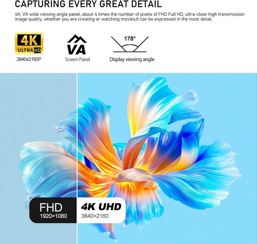 32 Inch 4K UHD Computer Monitor, Ultra-Clear (3840×2160p) Screen, 100% sRGB,178° Viewing Angle, HDMI、Display Port, Compatible with Wall mounting 100 * 100MM - Black