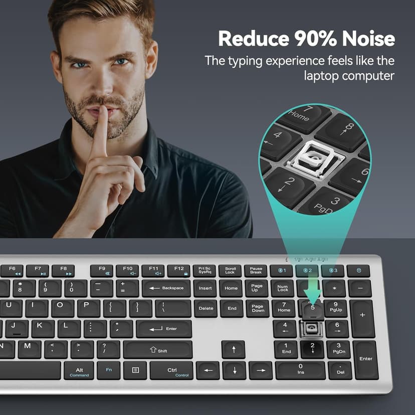 TECKNET Bluetooth Keyboard Rechargeable, 4-Device Free Switching (2.4G+BT), Ultra-Slim Full Size Wireless Keyboard, Quiet Typing, for PC/Laptop/Smart TV/Phone, Adjustable Stand, 12 Multimedia Keys