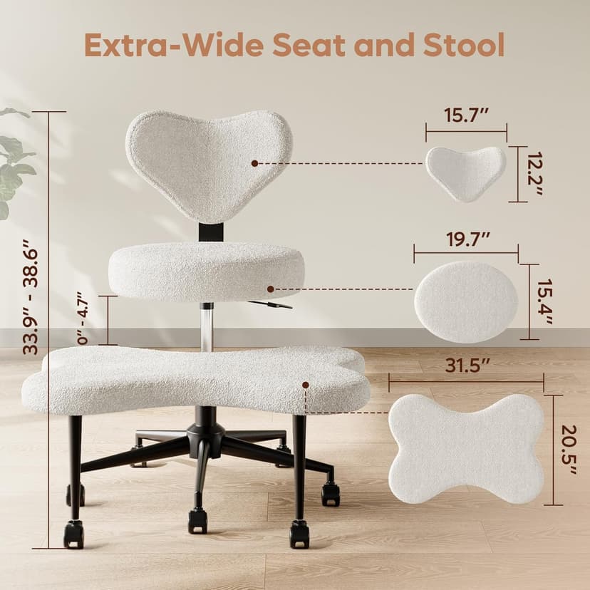 Ergonomic Cross Legged Chair, 360° Swivel Meditation Chair with Wheels, Height Adjustable Seat for ADHD, Strong Lumbar Support, Chic Home Office Furniture, Teddy Fabric, Off White