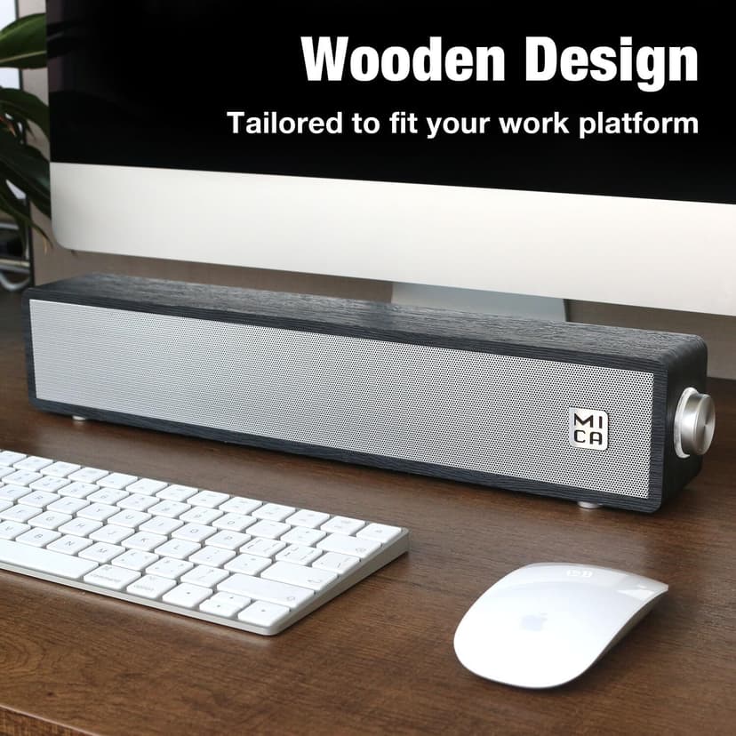 MICA Computer Speakers, Wired Computer Sound Bar, Wooden Mini Soundbar, USB Powered PC Speakers 3.5mm AUX & PC Input (Black)