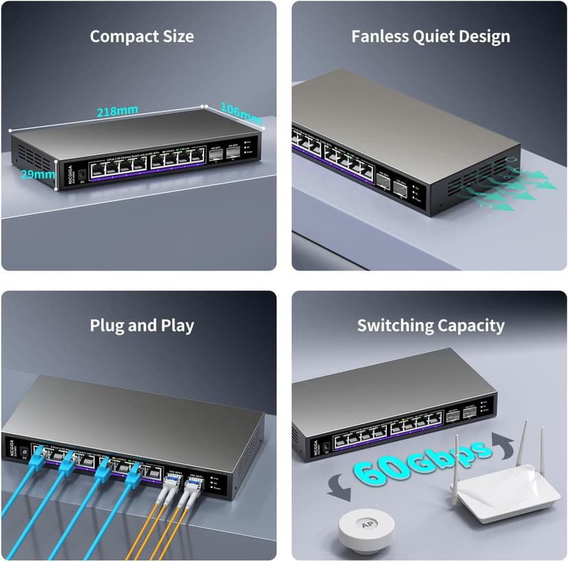 10 Port 2.5Gb Unmanaged Ethernet Switch with 8* 2.5G Base-T Ports + 2* 10G SFP+ Ports. NICGIGA 8 Port 2.5Gbps Network Switch for 2.5Gbps NAS/PC, WiFi6 Router, Wireless AP. Fanless Design.