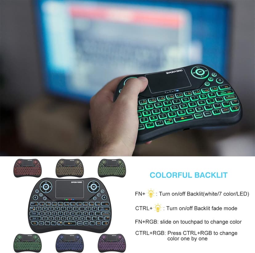 Mini Wireless Keyboard with Touchpad Mouse, 2.4GHz Portable Handheld Keyboard with QWERTY Keypad,RGB Backlit,Rechargeable Battery for Android TV Box/Mac/PC/Nvidia Shield