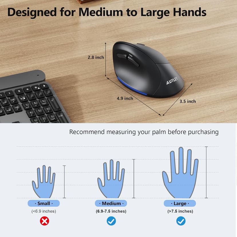 AUTLEY Ergonomic Mouse for Large Hands, Rechargeable Vertical Mouse, 2.4GHz Wireless Computer Mouse for Windows/macOS - 6 Buttons, Low Power Warning, 800/1200/1600 DPI, Black